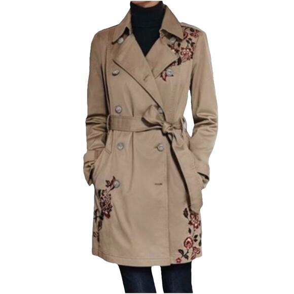 White House Black Market Jackets & Blazers - WHBM Embroidered Trench Coat Women’s Sz XS Floral Belted Double Breasted NWT
